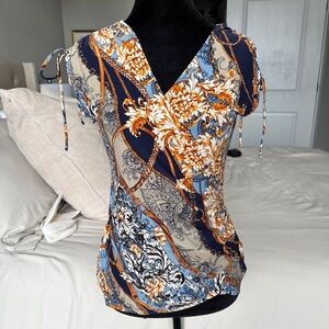 Cache Navy, Light Blue & Tan Floral-Scroll Wrap Top
